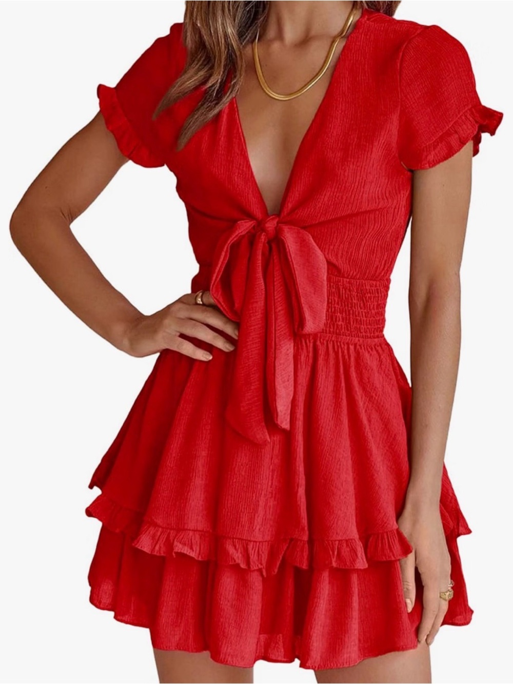 NWT sz S Red Tie-Front Women’s Mini Ruffle Dress